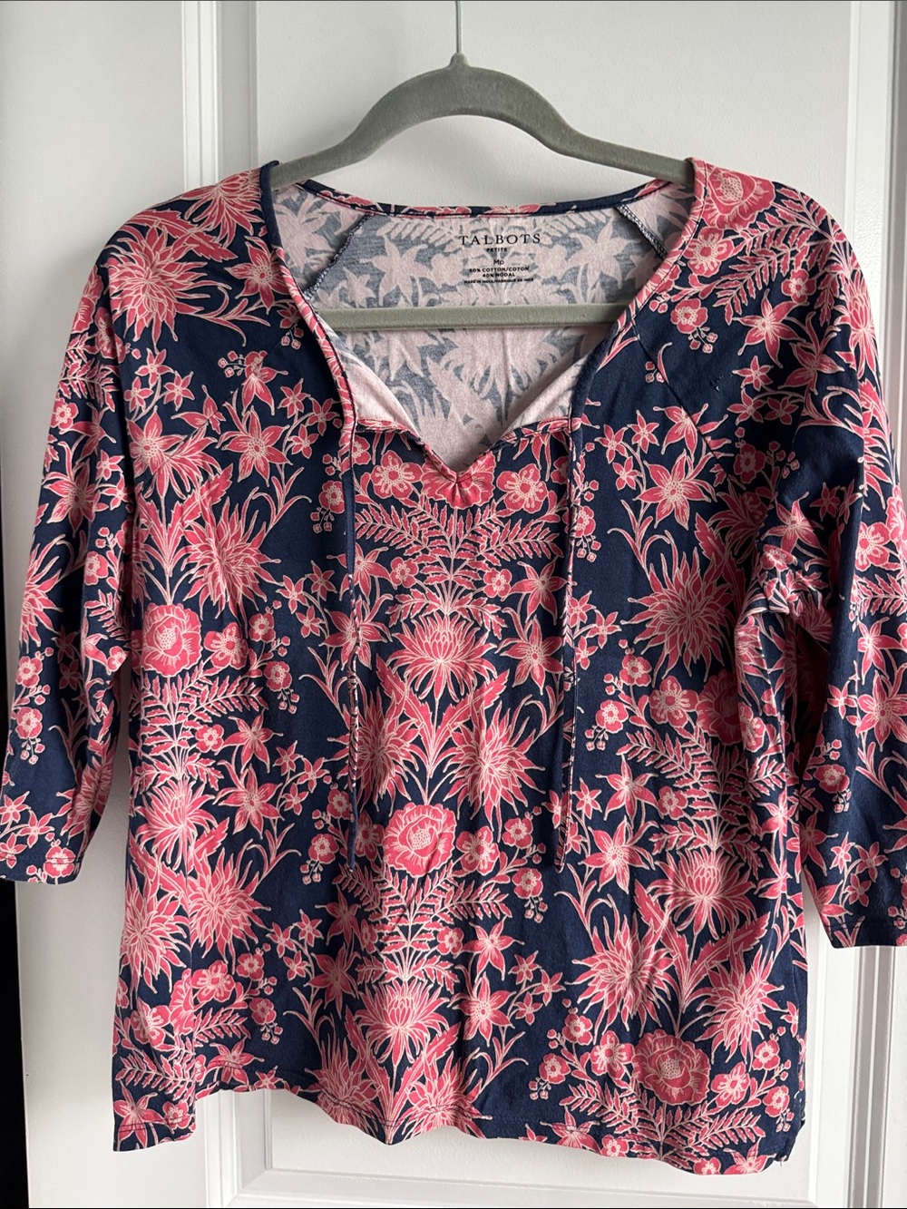 Talbots Navy and Pink Floral V-Neck Top